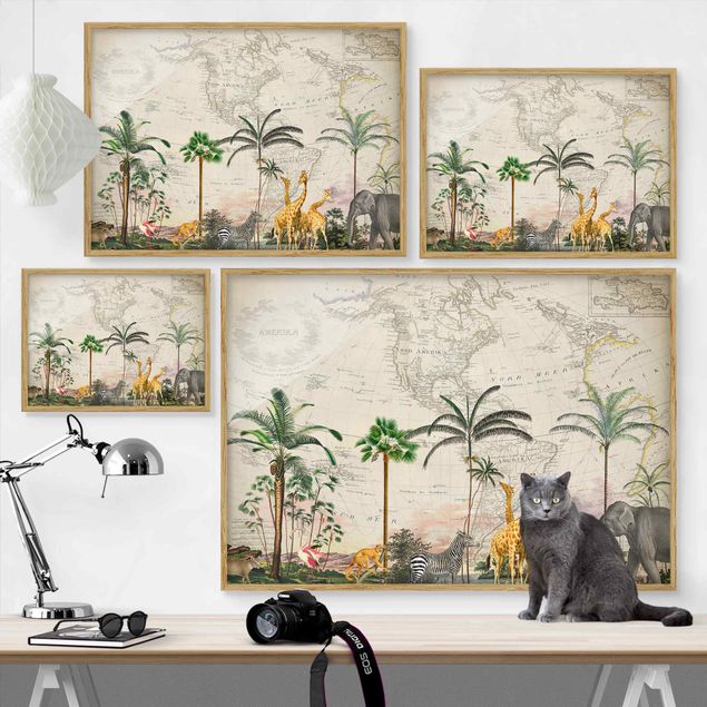 Quadros de Andrea Haase Vintage Collage - World Of Animals On World Map