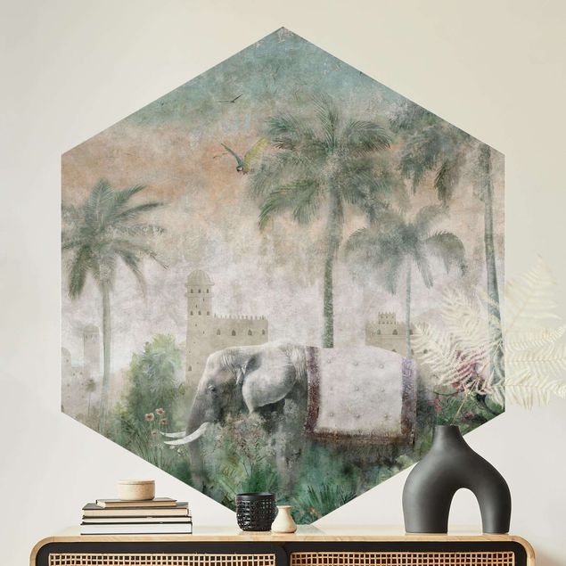 papel de parede para quarto de casal moderno Vintage Jungle Scene with Elephant