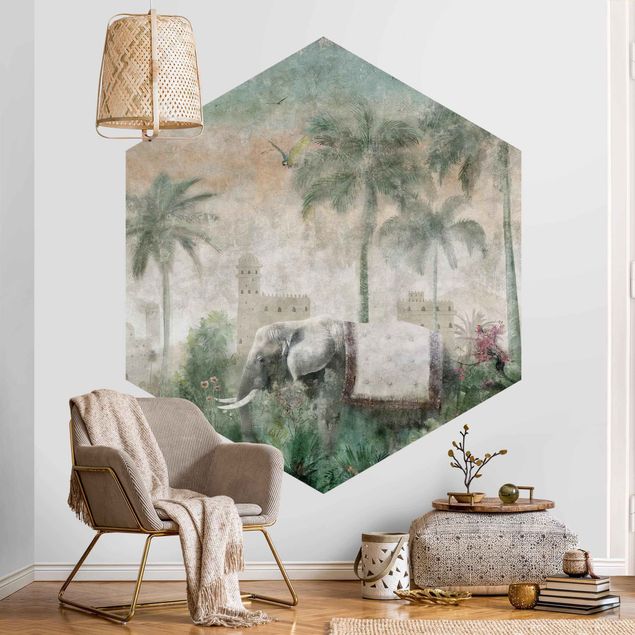 papel de parede floresta tropical Vintage Jungle Scene with Elephant