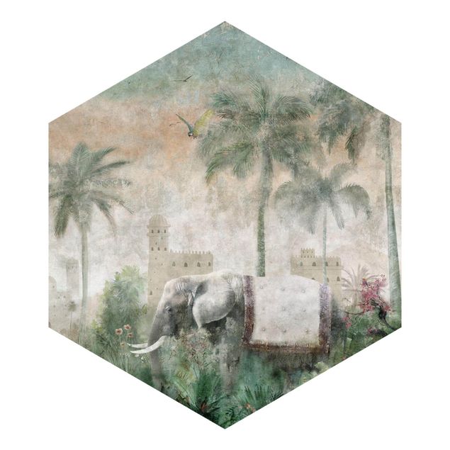 mural para parede Vintage Jungle Scene with Elephant