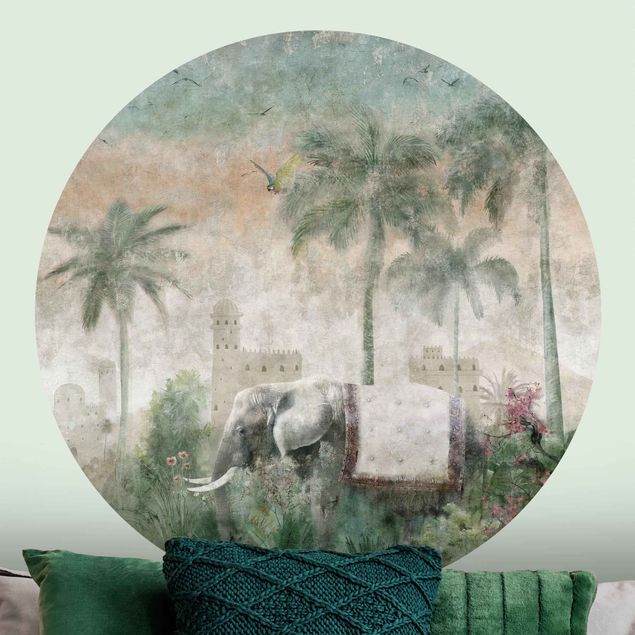 papel de parede para quarto de casal moderno Vintage Jungle Scene with Elephant
