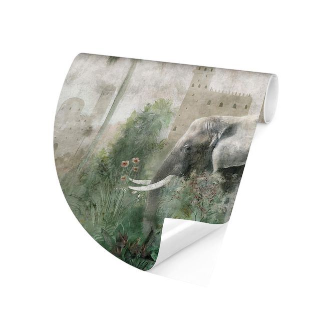 Papel de parede verde Vintage Jungle Scene with Elephant
