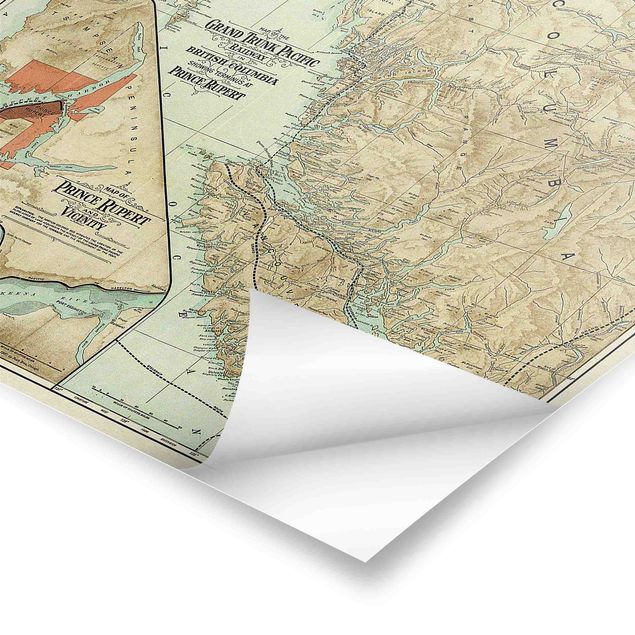 Quadros decorativos Vintage Map British Columbia