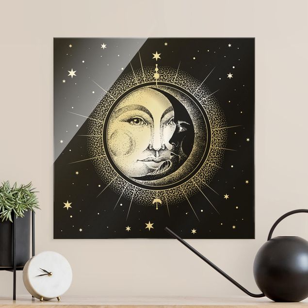 Quadros em vidro em preto e branco Vintage Sun And Moon Illustration