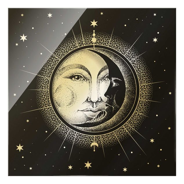 quadros em preto e branco Vintage Sun And Moon Illustration
