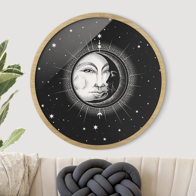 Quadros com moldura em preto e branco Vintage Sun And Moon Illustration