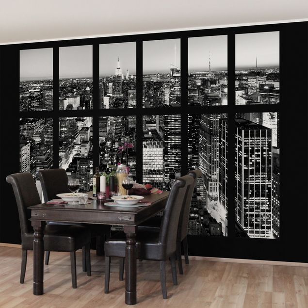 papel de paredes 3d Window View Manhattan Skyline In Black And White