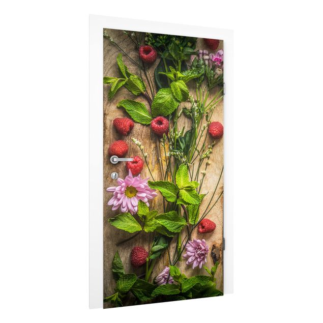 papel de parede madeira Flowers Raspberries Mint