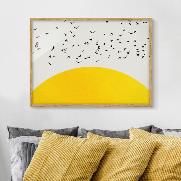 decoraçao para parede de cozinha Flock Of Birds In Front Of Yellow Sun