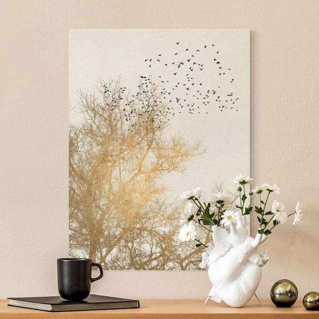 Telas decorativas aves Flock Of Birds In Front Of Golden Tree