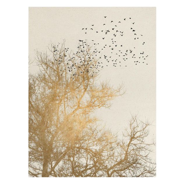 Telas decorativas réplicas de quadros famosos Flock Of Birds In Front Of Golden Tree