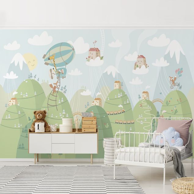 Papel de parede montanhas Forest With Houses And Animals