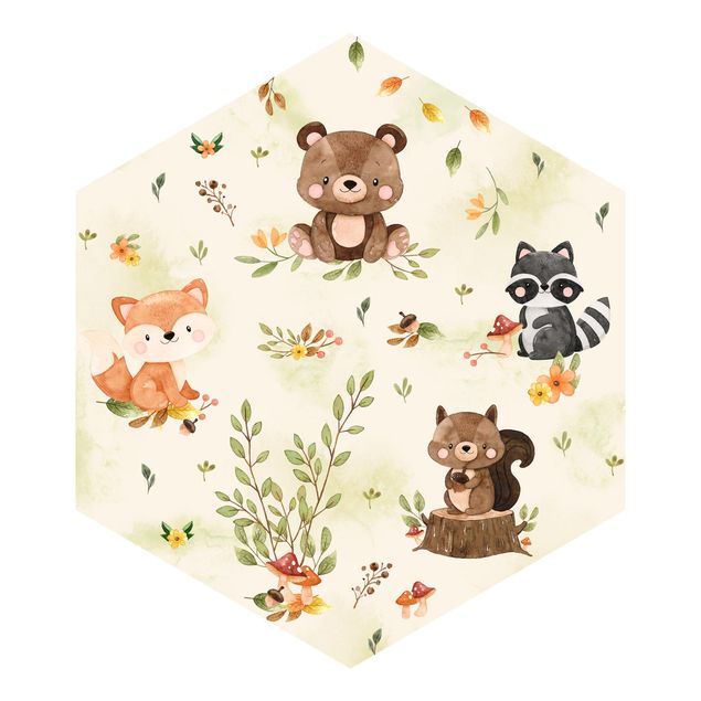 Papel de parede hexagonal Forest Animals Autumn Bear Squirrel Raccoon