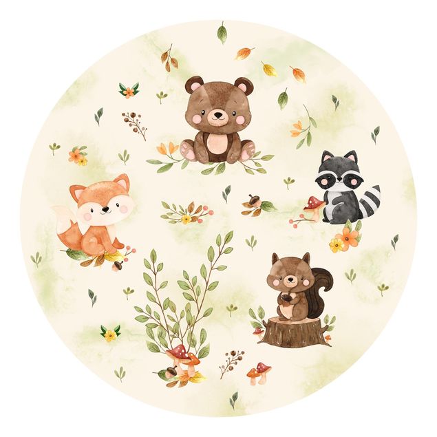 Papel de parede redondo Forest Animals Autumn Bear Squirrel Raccoon
