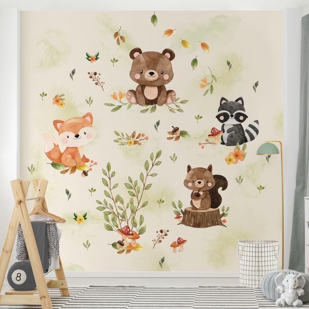 papel parede de floresta Forest Animals Autumn Bear Squirrel Raccoon