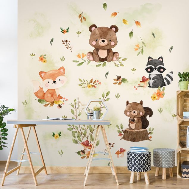 papel de parede moderno para sala Forest Animals Autumn Bear Squirrel Raccoon