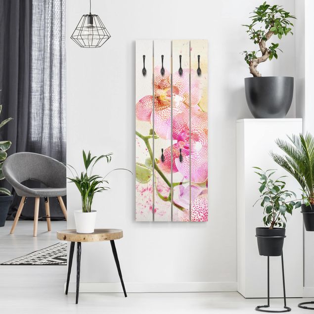 Cabides de parede imitação madeira Watercolour Flowers Orchids