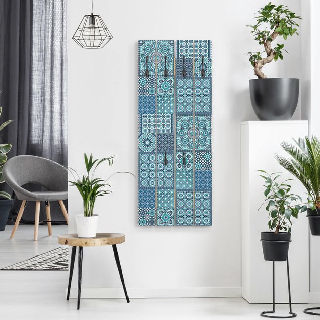 Cabides de parede imitação madeira Moroccan Mosaic Tiles Turquoise Blue