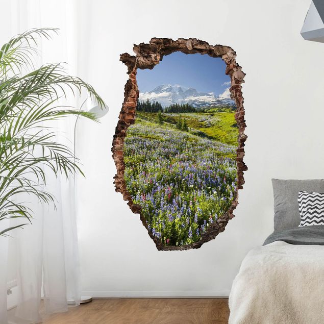 Autocolantes de parede 3D Mountain Meadow With Red Flowers in Front of Mt. Rainier Break Through Wall