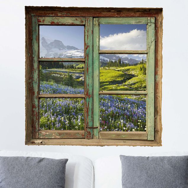 decoraçao para parede de cozinha Window View of a Mountain Meadow With Flowers in Front of Mt. Rainier