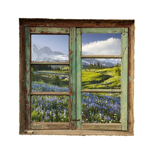 Autocolantes de parede árvores Window View of a Mountain Meadow With Flowers in Front of Mt. Rainier