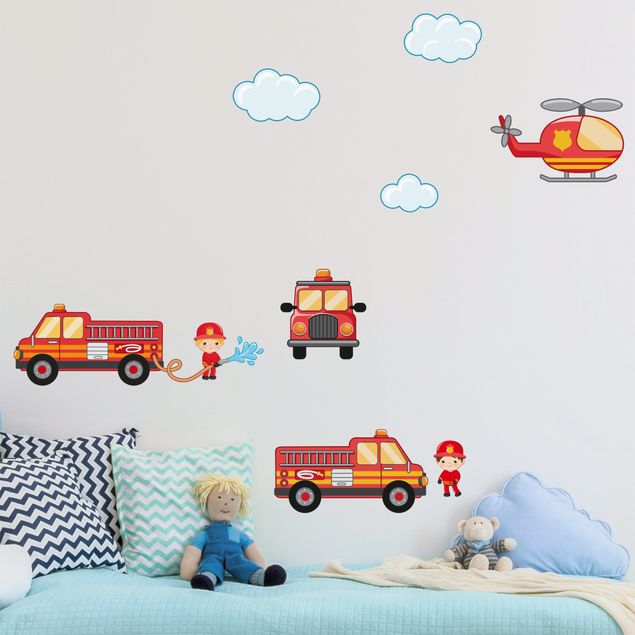 Autocolantes parede Firefighter Set with Vehicles