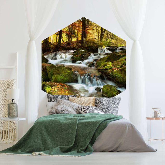 papel de parede para quarto de casal moderno Waterfall Forest In The Fall