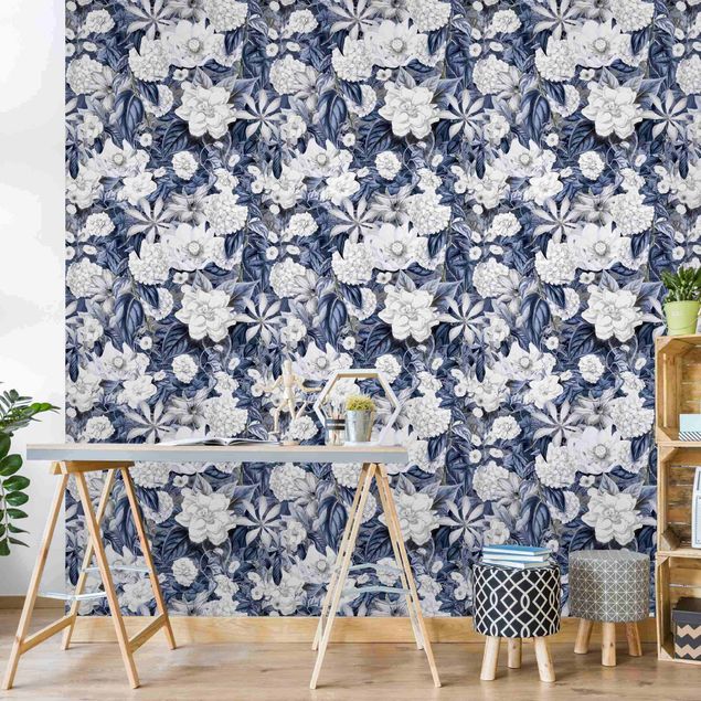 papel parede vintage White Flowers In Front Of Blue