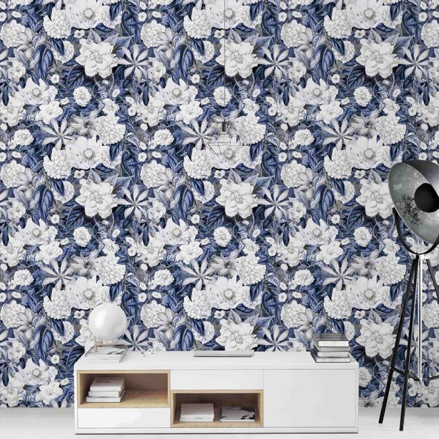 papel de parede para quarto de casal moderno White Flowers In Front Of Blue