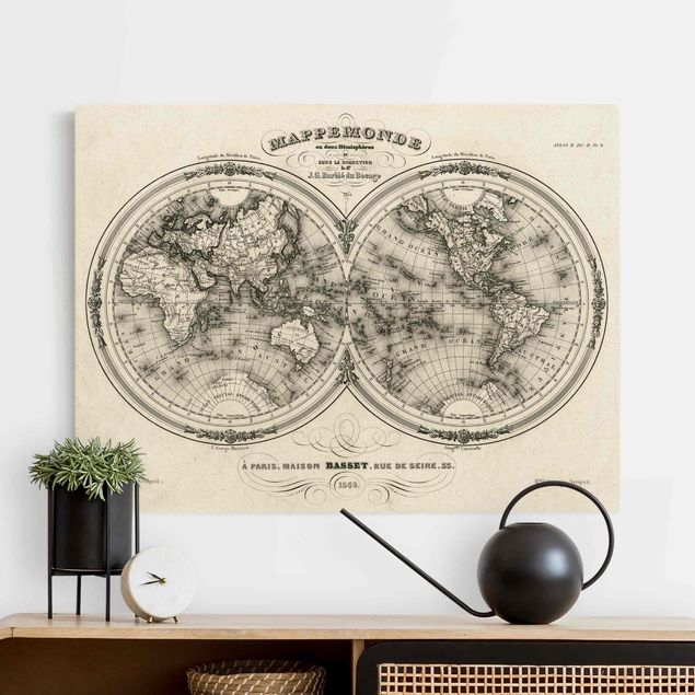 Telas decorativas mapas World Map - French Map Of The Hemisphere From 1848