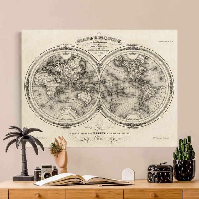 quadro mapa do mundo World Map - French Map Of The Hemisphere From 1848