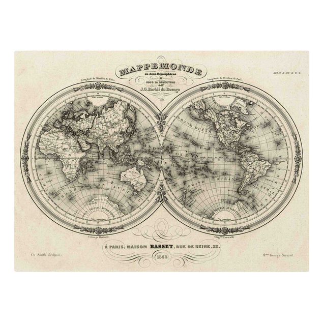telas decorativas para paredes World Map - French Map Of The Hemisphere From 1848