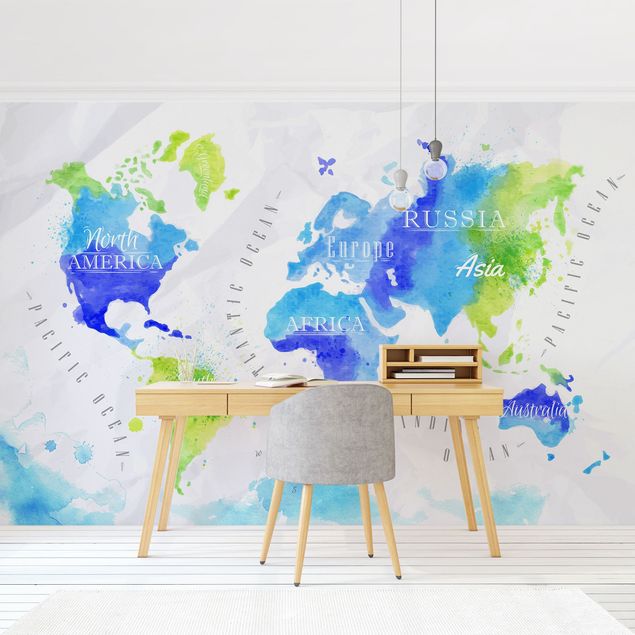 papel de parede para quarto de casal moderno World Map Watercolour Blue Green