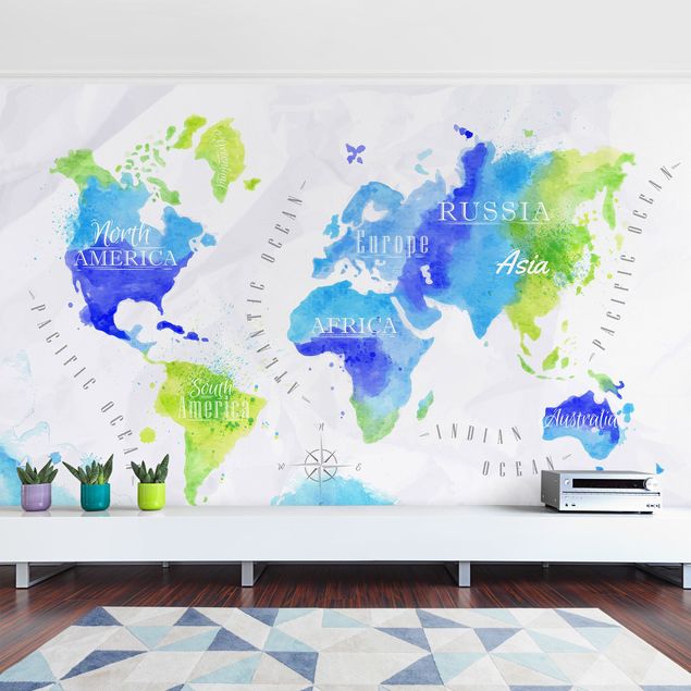 papéis de parede mapa mundi World Map Watercolour Blue Green