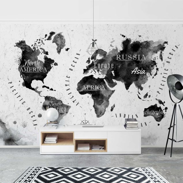 papel de parede para quarto de casal moderno World Map Watercolour Black