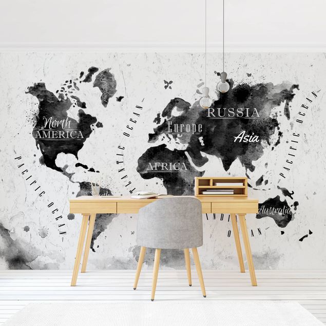 Papel de parede preto e branco World Map Watercolour Black