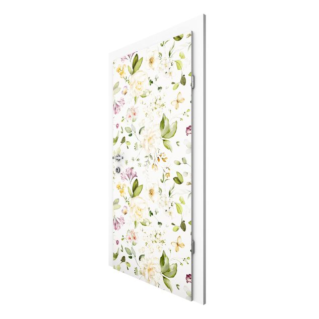 papel de parede moderno Wildflowers and White Roses Watercolour Pattern