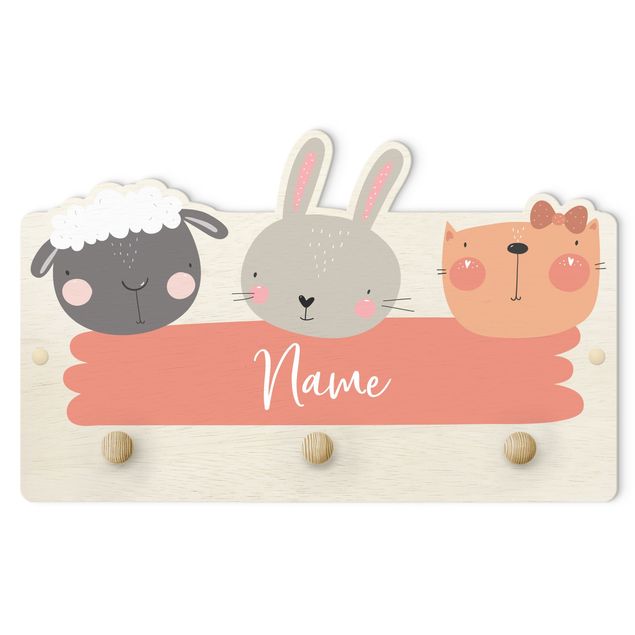 Cabides de parede em rosa Customised Name Cute Zoo - Sheep Rabbit And Cat