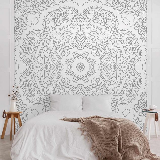 papel de parede moderno Zigzag Mandala Flower With Star In Grey