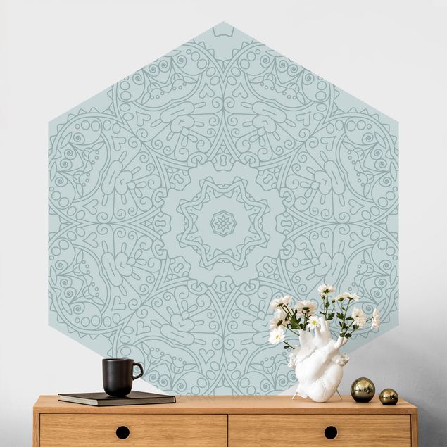 Papel de parede ornamental Jagged Mandala Flower With Star In Turquoise
