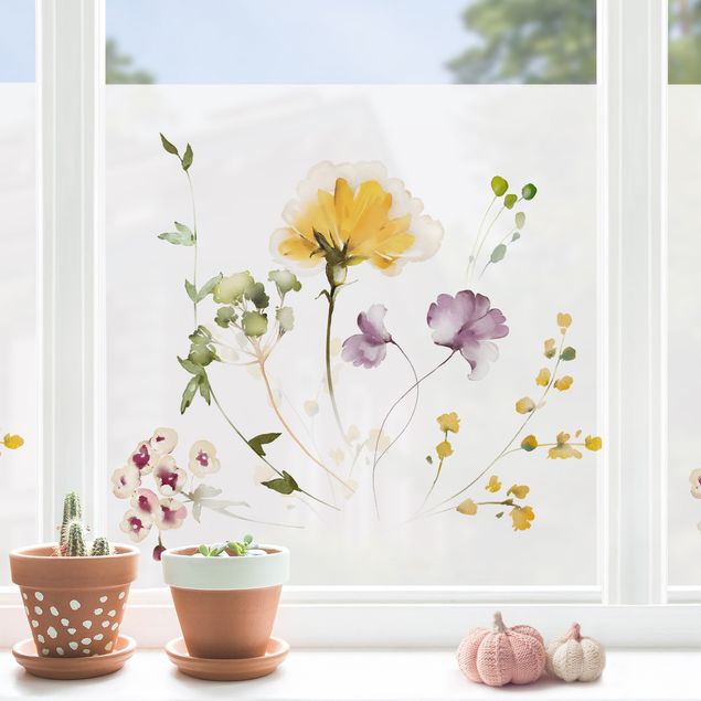 decoração para quartos infantis Delicate watercolour flowers violet-yellow