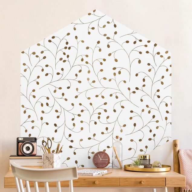 Papel de parede pontos Delicate Branch Pattern With Dots In Gold