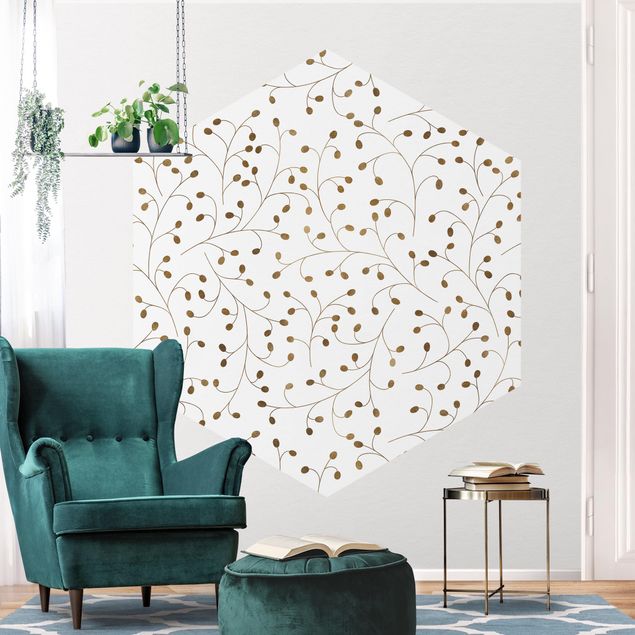 papel de parede moderno Delicate Branch Pattern With Dots In Gold