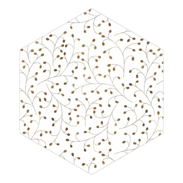 Papel de parede bege Delicate Branch Pattern With Dots In Gold