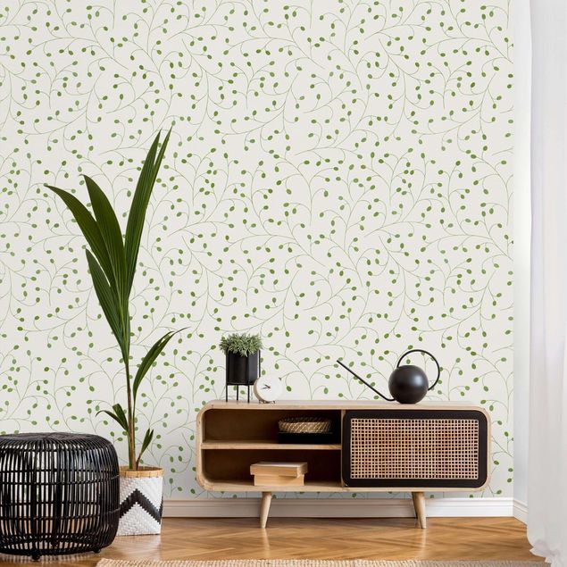 Papel de parede pontos Delicate Branch Pattern With Dots In Green II