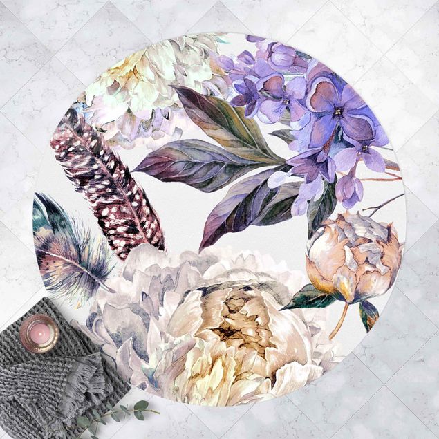 Tapetes exteriores Delicate Watercolour Boho Flowers And Feathers Pattern