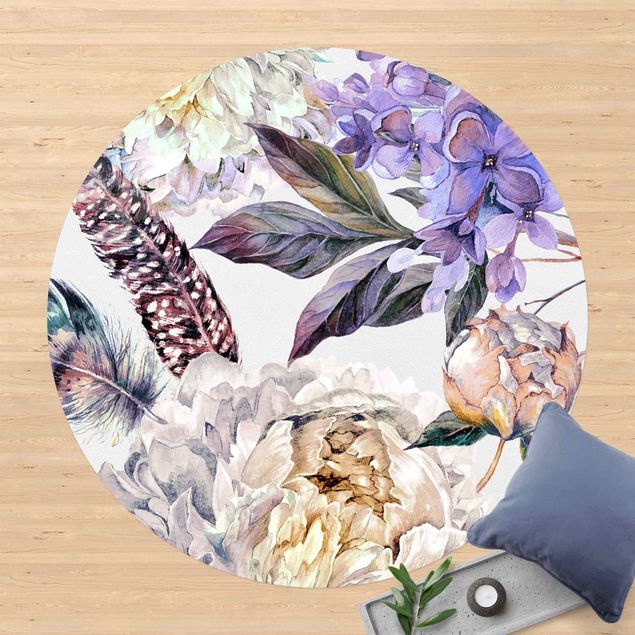 Tapete para varandas Delicate Watercolour Boho Flowers And Feathers Pattern