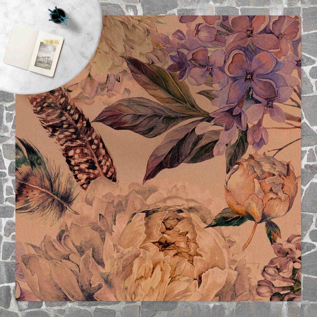tapetes flores Delicate Watercolour Boho Flowers And Feathers Pattern