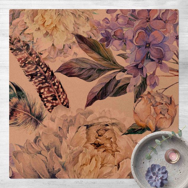 tapetes sala modernos Delicate Watercolour Boho Flowers And Feathers Pattern