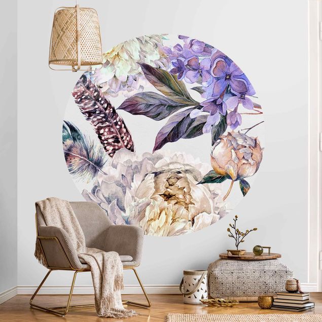 papel parede rosas Delicate Watercolour Boho Flowers And Feathers Pattern